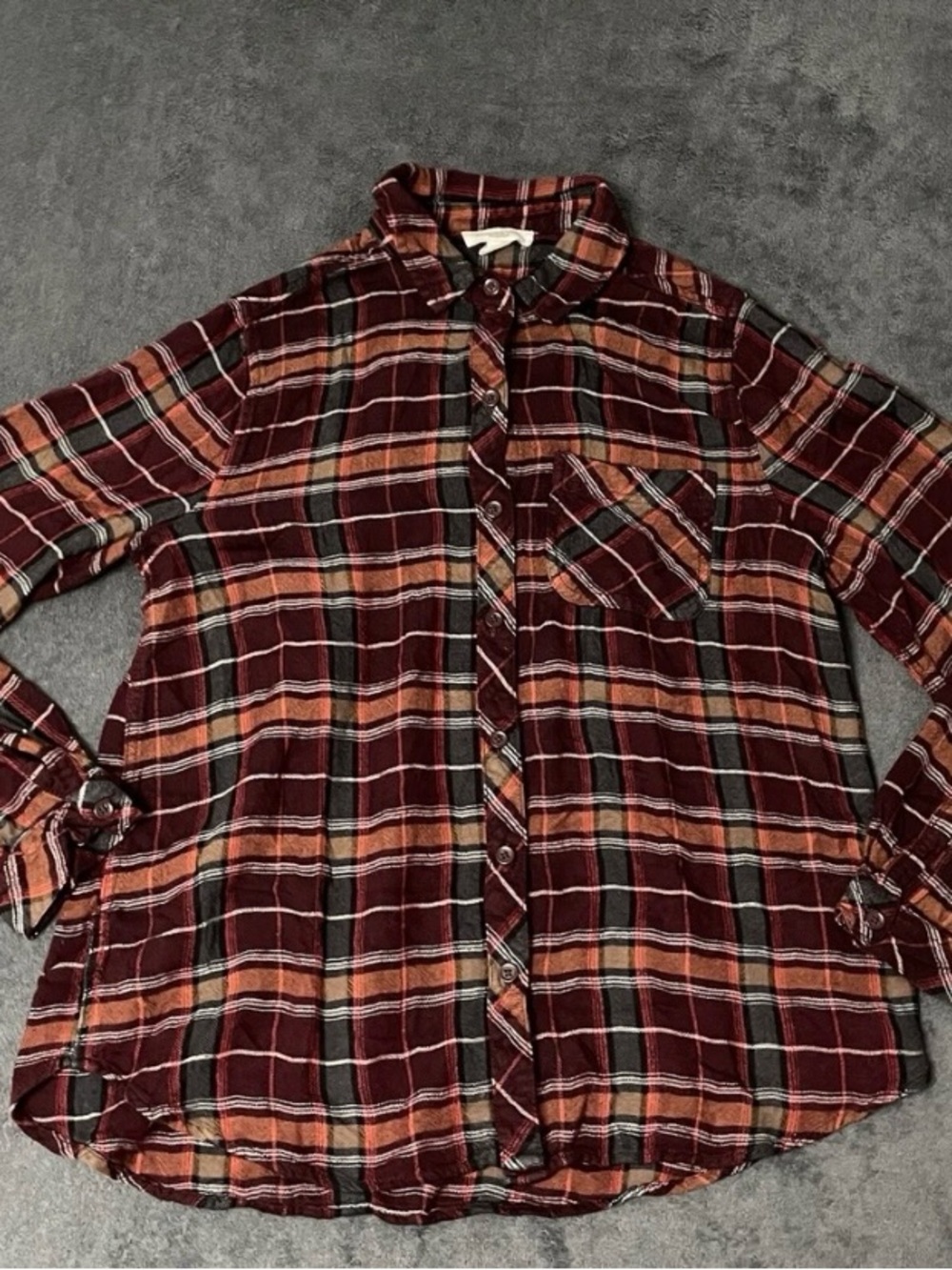 Cozy Fall Flannel Shirt Womens M Burgundy Plaid Button UP Rustic Western Top